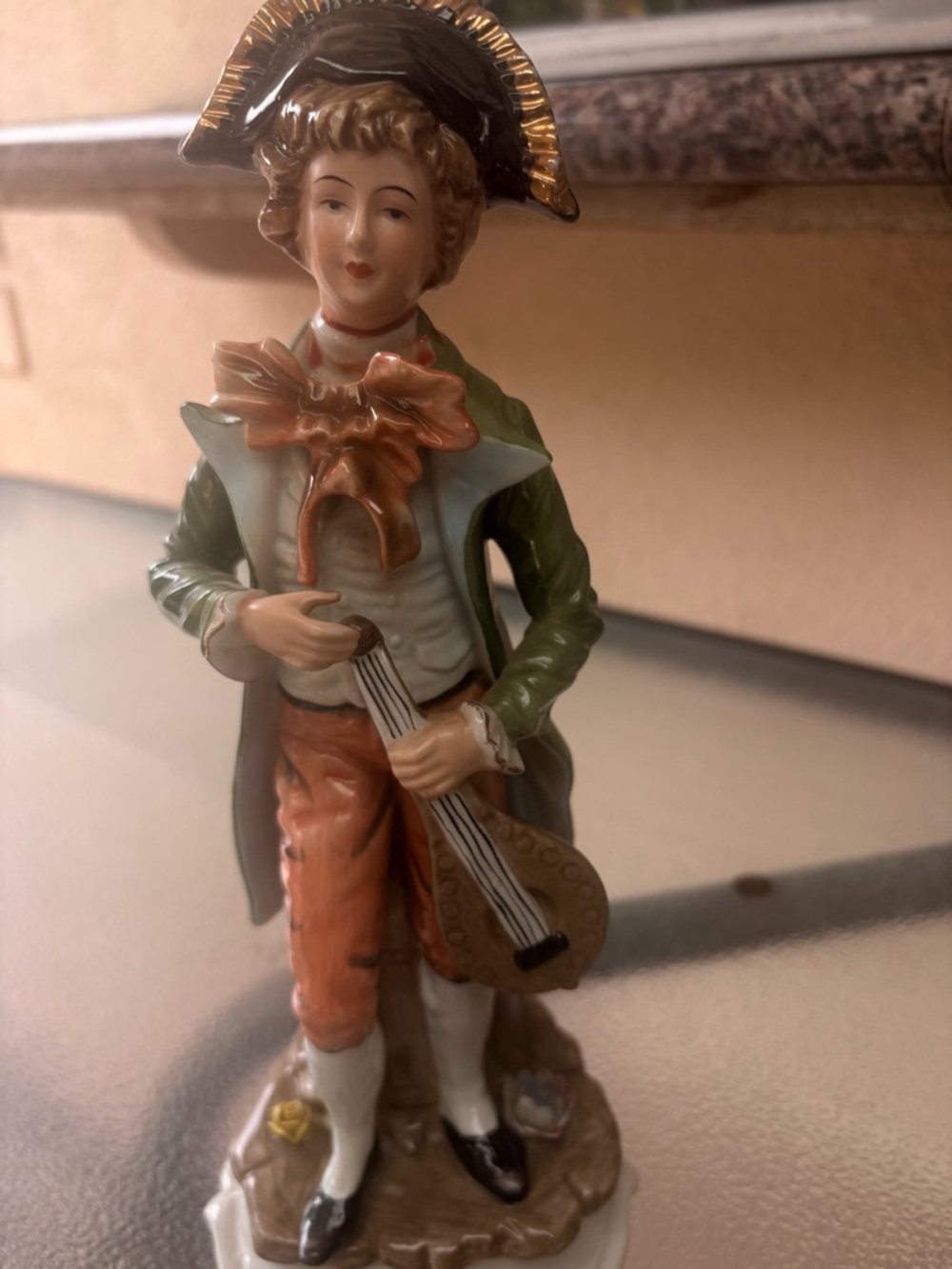 Hand-Painted Ceramic Musician Figurine in Green, Orange and Cream